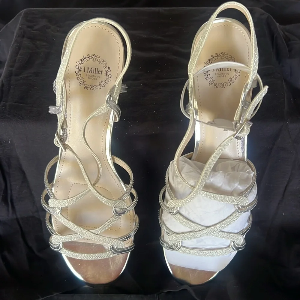 NWT Original Box I. Miller Two-Tone Silver Strappy Dressy Wedges. Size 7 - Picture 3 of 10